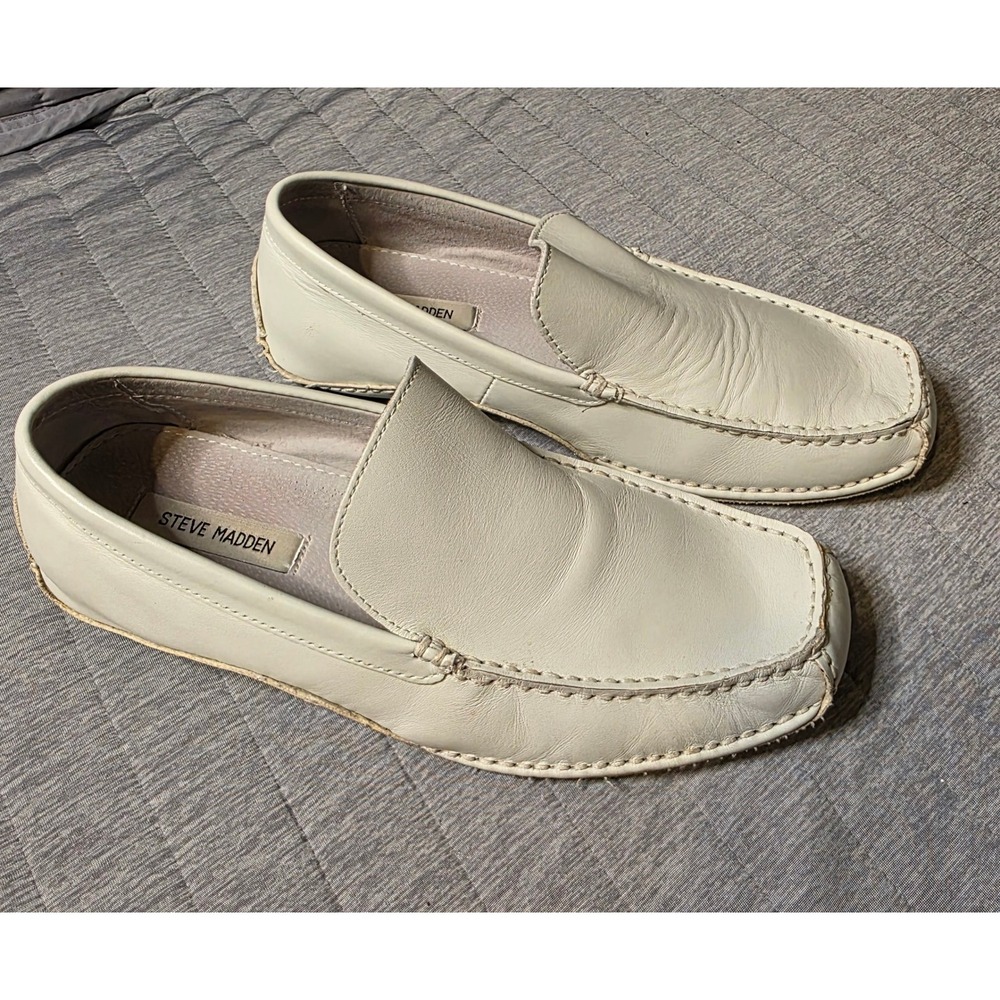 537 Steve Madden Novo Mens Off White Leather Driving Loafers Shoes Size 10